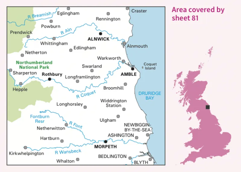 OS Landranger Map 81 - Alnwick and Morpeth Rothbury and Amble-1